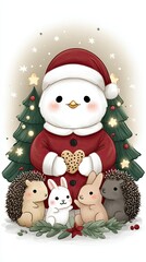 Fototapeta premium A whimsical Christmas scene featuring a snowman in a Santa outfit surrounded by adorable animals celebrating the festive season.