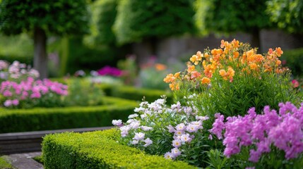 Obraz premium Vibrant Floral Display in a Beautifully Landscaped Garden with Colorful Blossoms and Neatly Trimmed Hedges