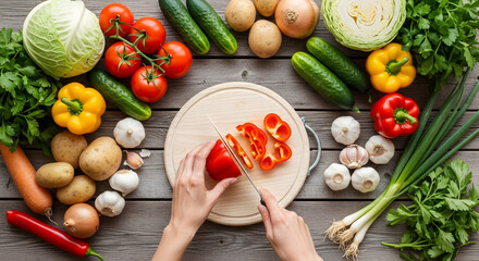 Healthy cooking concept showing hands cutting organic pepper with fresh farm vegetables on wooden table top for a healthy life