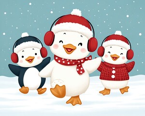 Three cheerful cartoon penguins enjoying winter festivities, adorned with cozy hats and scarves, embodying holiday joy.