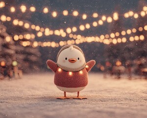 A cheerful, festive bird stands under glowing lights, embodying the warmth of winter celebrations and joy during holiday season.
