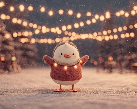 A cheerful, festive bird stands under glowing lights, embodying the warmth of winter celebrations and joy during holiday season.