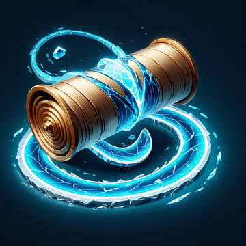 Electric blue energy swirling around a golden spool surrounded by glowing shards of light on a dark background creating a captivating and dynamic visual effect.