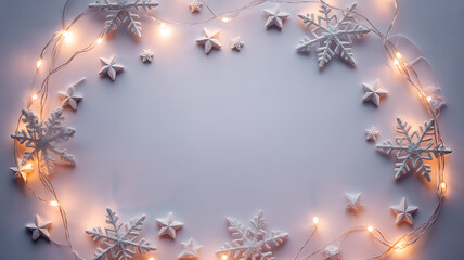 Circular arrangement of white snowflakes and star decorations with warm fairy lights on a soft blue background