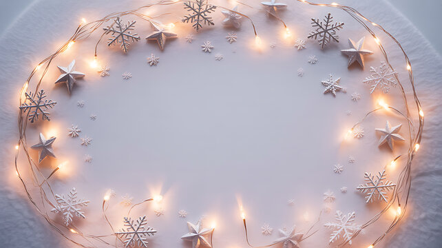 Circular arrangement of white snowflakes and stars with warm fairy lights on a soft white background
