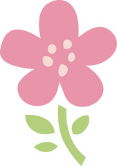 満開の花の葉と茎のイラスト　5枚の花びら