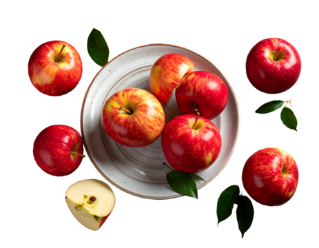 Ripe, speckled red apples surround a dish with leafy green accents on a black backdrop, highlighting fresh produce
