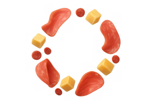 Salami, pepperoni, and cheese cubes forming an appetizing round frame, with a transparent background - Powered by Adobe