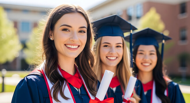 Three diverse female graduates smiling happily on campus after their graduation ceremony. - Powered by Adobe