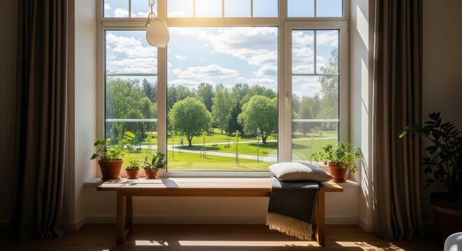 Serene park view from window with bench and sunlit greenery
