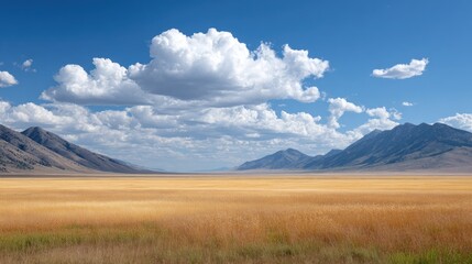 Fototapeta premium Expansive Desert Landscape with Golden Grasses Under Blue Sky and Floating Clouds