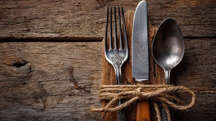 Close Up Of Silverware Set On Wooden Surface With Twine
