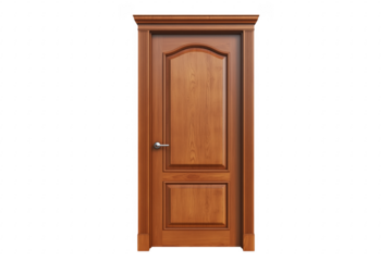 Wooden interior door with arched panel isolated on a transparent background