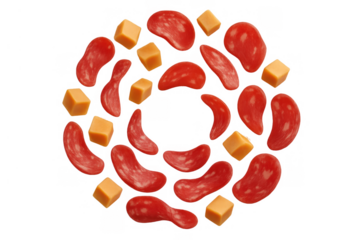 Salami slices and cheese cubes artfully arranged, creating a circular appetizer or snack on transparent background