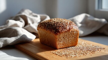 Freshly Baked Sesame Seed Loaf Bread with Natural Texture on Wooden Board Surrounded by Soft Linen Cloth