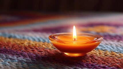 Warm Candlelight Flickering in Glass Bowl on Colorful Textile Background for Cozy Home Ambiance
