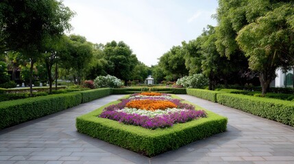 Obraz premium Vibrant Flower Garden in a Peaceful Park with Neatly Trimmed Hedge Pathways and Lush Green Trees
