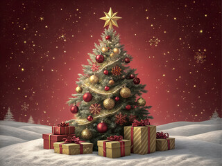 Beautifully decorated christmas tree with red and gold ornaments, gifts, and a star on top, set against a red background