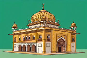 Illustration of Golden Mosque with Green Background, Islamic Architecture Art
