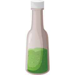 Clear Glass Bottle With White Cap Containing Green Liquid And Visible Particles In A Simple Isolated Graphic Illustration