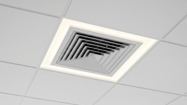 Low-angle view of a white tiled ceiling with a square air vent and built-in lighting