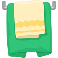 Clean Green Towel Hanging on a Silver Rack with a Cream Colored Towel Folded on Top Featuring Yellow Geometric Patterns