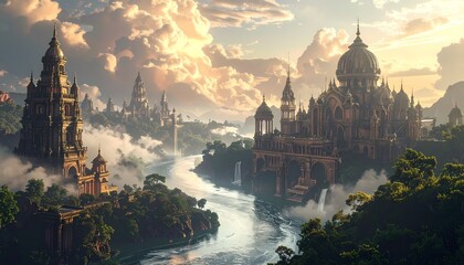 Fantasy Cityscape with Majestic Towers and Flowing River at Sunset.