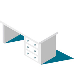 Clean White Isometric Desk with Three Drawers and Teal Shadow Isolated on Transparent Background Perfect for Office or Study Space Mockups