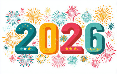 Celebrate arrival of new year 2026 with vibrant fireworks and colorful numbers. This festive illustration captures joy and excitement of welcoming fresh start