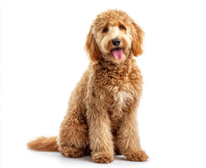 Fototapeta premium Happy golden doodle dog sitting and looking at camera, showcasing its fluffy coat and playful demeanor. This adorable pet exudes joy and warmth, making it delightful companion