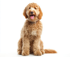 Fototapeta premium Happy golden doodle dog sitting and looking at camera, showcasing its fluffy coat and playful demeanor. This friendly pet exudes joy and warmth, making it delightful companion