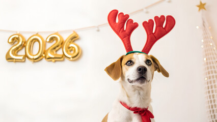 Cute Dog in Reindeer Antlers Celebrating New Year 2026
