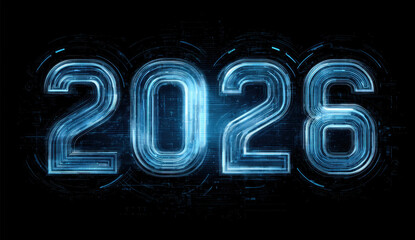 Futuristic design featuring year 2026 in glowing blue color against black background, conveying sense of advanced technology and innovation