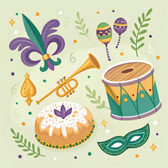 Colorful Mardi Gras Celebration Elements Illustration
