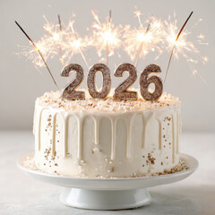 Stunning birthday cake adorned with sparkling candles and year 2026 top, creating festive and joyful atmosphere. cake features smooth white frosting, golden sprinkles, and delightful design that