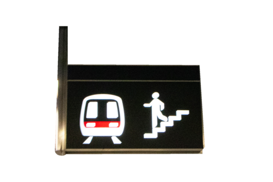 Icon sign black with white electricity letters symbol icon of people walking downstairs to subway isolated on cutout PNG or transparent background. Signs for tourists or passersby at metro or train.