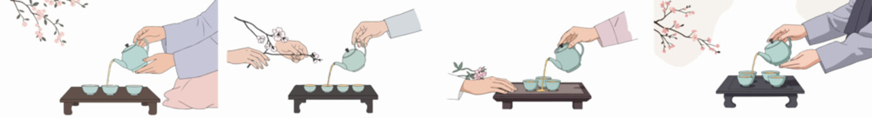 Tea ceremony steps with cherry blossoms