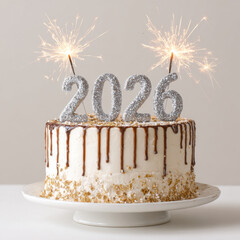 Beautiful birthday cake adorned with sparkling candles, featuring year 2026 in glittering numbers. cake is decorated with glossy chocolate drip and golden sprinkles, creating festive atmosphere