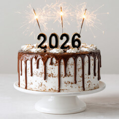 Beautiful birthday cake featuring creamy white frosting with chocolate ganache drips, topped with festive sparklers and year 2026. This cake is perfect for celebrating special occasions with joy