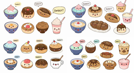 Sweet desserts and drinks collection with happy faces