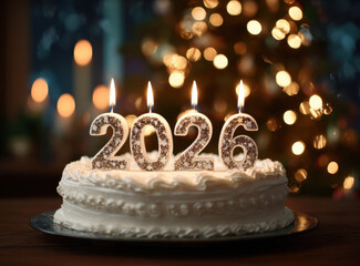 Beautiful white birthday cake adorned with sparkling candles shaped like numbers 2026, radiating warmth and joy, set against festive background with twinkling lights
