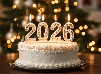 White birthday cake topped with decorative candles shaped like numbers 2026, surrounded by festive atmosphere with blurred lights in background, evokes joyful celebration