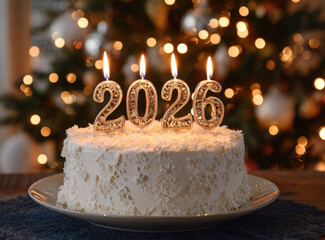 Beautiful white birthday cake topped with golden candles shaped like numbers 2026, surrounded by festive atmosphere with blurred Christmas tree background. warm glow of candles adds joyful touch