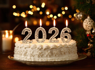 Beautiful white birthday cake adorned with intricate decorations and lit candles shaped as numbers 2026, creating festive atmosphere with warm glow from background lights