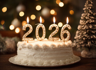 Festive white birthday cake adorned with sparkling candles shaped like numbers 2026, set against backdrop of warm, glowing lights and holiday decorations. scene evokes joyful celebration