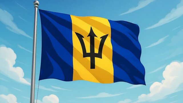 Barbados Flag Waving Proudly Against a Clear Blue Sky.