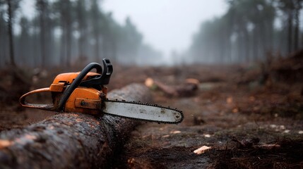 An orange chainsaw rests on a fallen tree trunk in a misty deforested forest landscape