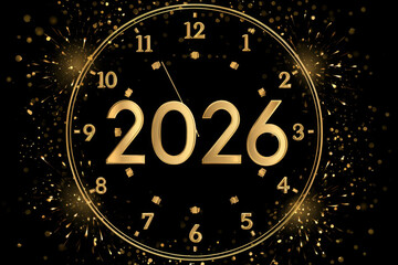 Happy New Year 2026 greeting card featuring golden clock with sparkling fireworks in background, symbolizing celebration and new beginnings