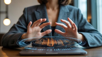 Elegant businesswoman uses dynamic holographic tech for future projects
