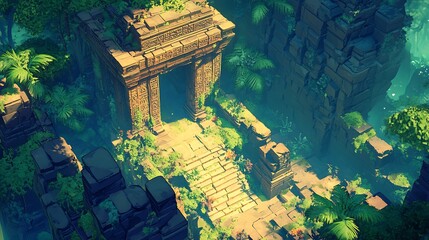 Digital painting of overgrown ancient temple nestled within lush jungle with mystical atmosphere for mysterious adventurous exploration fantasy concept